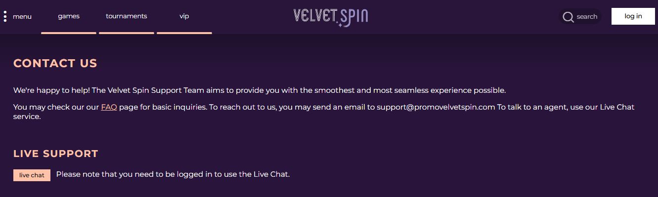Contacta soporte mediante chat en vivo en Velvet Spin